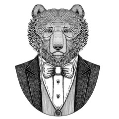 Brown bear Russian bearHipster animal Hand drawn image for tattoo, emblem, badge, logo, patch, t-shirt - obrazy, fototapety, plakaty