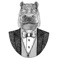 Hippo, Hippopotamus, behemoth, river-horse Hipster animal Hand drawn image for tattoo, emblem, badge, logo, patch, t-shirt - obrazy, fototapety, plakaty