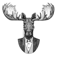 Moose, elk Hipster animal Hand drawn illustration for tattoo, emblem, badge, logo, patch, t-shirt - obrazy, fototapety, plakaty