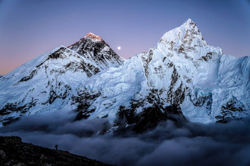 Sunset and moonrise on Everest Nepal