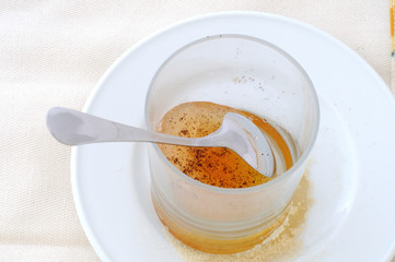 Top view of an iced coffee in a glass