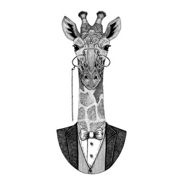 Camelopard, giraffe Hipster animal Hand drawn image for tattoo, emblem, badge, logo, patch