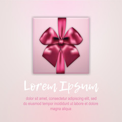 Gift box top view Realistic gift box with a satin pink bow in top view on light-pink background with space for inscription