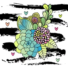 Dekokissen Hand drawn abstract floral bouquet vector. Succulent, rose and leaf on white background with brushstrokes © antuanetto