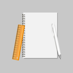 Spiral note pad , ruler and pen. Vector illustration