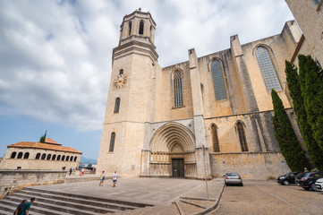 Obraz premium Cloudy view of Girona Cathedral in Catalonia, Girona, Catalonia, Spain.