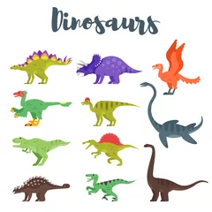 Afwasbaar Fotobehang Dinosaurussen Vector vlakke stijlenset van kleurrijke prehistorische dinosaurussen.