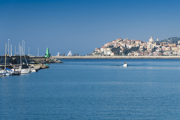 Naklejka premium Porto Maurizio, the old town of Imperia, Italy, shot from Oneglia harbor
