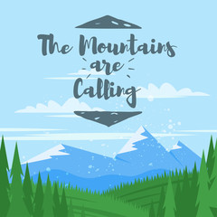 Vector cartoon style background with mountains and forest