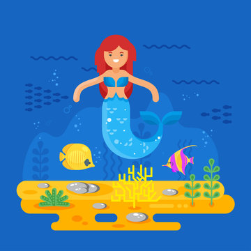 Vector flat style illustration of mermaid, coral reef, fish and sea life