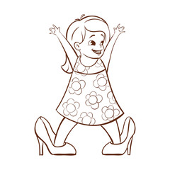 Vector hand drawn monochrome illustration of happy girl trying to wear her mom's high heels.