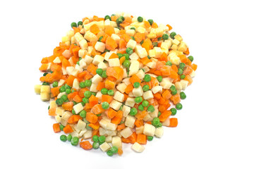 Raw frozen vegetables for Russian salad isolated on white