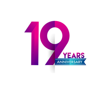 nineteen years anniversary celebration logotype colorful design with blue ribbon, 19th birthday logo on white background