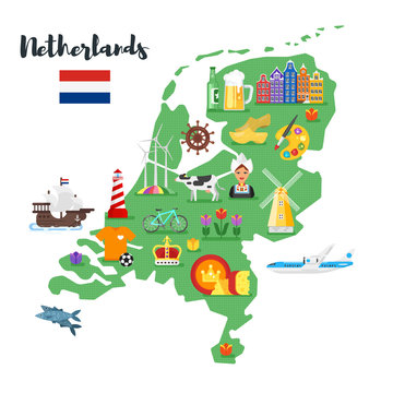 Vector flat style illustration of Netherlands map with Holland national cultural symbols. 