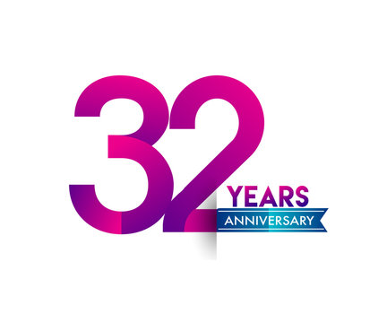 thirty two years anniversary celebration logotype colorful design with blue ribbon, 32nd birthday logo on white background