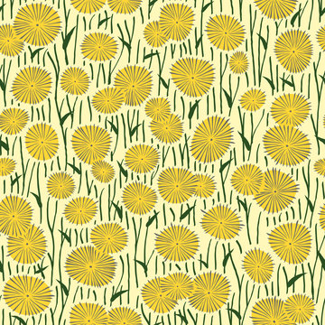 Seamless pattern of drawings of dandelion flowers.