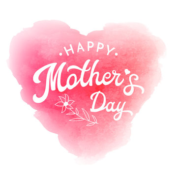 Happy Mother's day. Card or poster template with flower and hand lettering inscription on pink abstract heart shaped blurred background. Decoration for Mothers Day design. Font vector illustration.