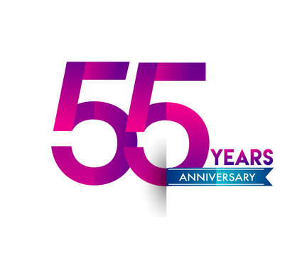 fifty five years anniversary celebration logotype colorful design with blue ribbon, 55th birthday logo on white background
