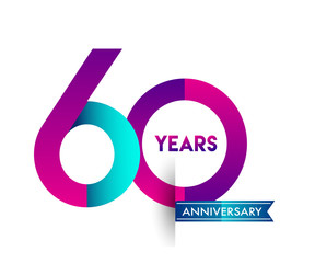 sixty years anniversary celebration logotype colorful design with blue ribbon, 60th birthday logo on white background