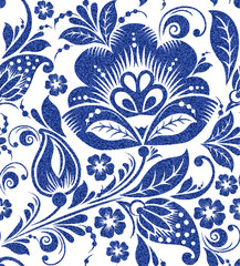  blue glittering floral seamless pattern on white background