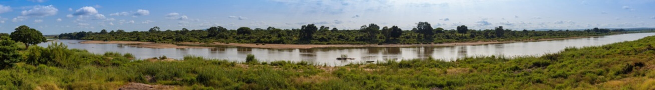 Panoramic view of Sabie River seen in the Kruger National Park from Lower Sabie Rest Camp