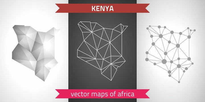 Kenya collection of vector design modern maps, gray and black and silver dot contour mosaic 3d map