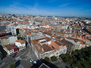 Fototapeta na wymiar Flight over the narrow streets of the old town of Porto