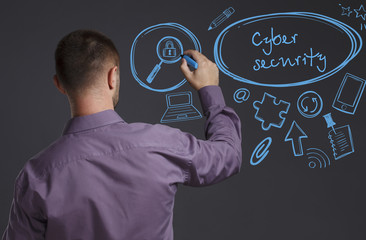 Business, Technology, Internet and network concept. A young businessman writes on the blackboard the word: Cyber security