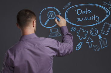 Business, Technology, Internet and network concept. A young businessman writes on the blackboard the word: Data security