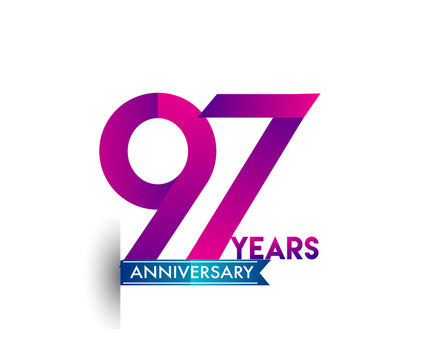 ninety seven years anniversary celebration logotype colorful design with blue ribbon, 97th birthday logo on white background.