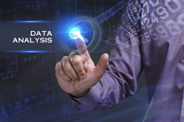 Fototapeta premium Business, Technology, Internet and network concept. Young businessman working on a virtual screen of the future and sees the inscription: Data analysis