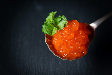 Red caviar decorated with parsley in silver spoon on a dark background, selective focus