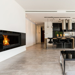 Spacious interior with fireplace and open kitchen