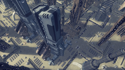 Fly over a futuristic scifi city. 3D rendering