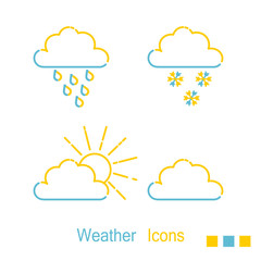 Color meteorological icons with sun, rain and snow in a linear style. Line icon. Isolated on white background. Vector illustration.