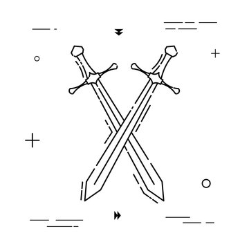 Two swords were crossed, in a linear style. Linear icon. Isolated on white background. Vector illustration.