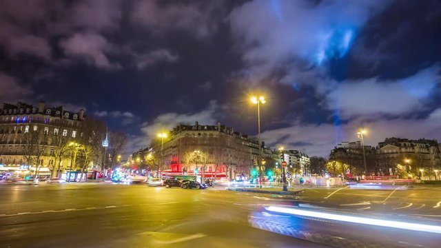 night light paris city traffic street square panorama 4k time lapse paris france
