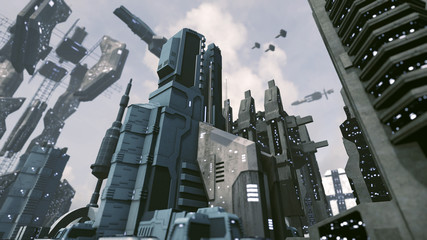 Futuristic scifi city with spaceship takes off. 3D rendering © fredmantel