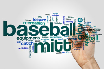 Baseball mitt word cloud concept on grey background