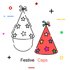 Celebratory cap in a linear style. Line icon. Isolated on white background. Vector illustration.