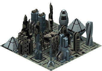Isometric futuristic sci-fi architecture, city buildings of the future. 3D rendering