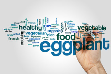 Eggplant word cloud concept on grey background