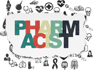 Health concept: Pharmacist on Torn Paper background