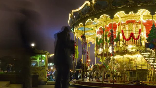 christmas night illumination paris crowded carousel panorama 4k time lapse france
