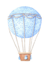 Fototapeta na wymiar Hand drawn watercolor illustration - hot air balloon in the sky. Perfect for baby prints, posters, invitations etc