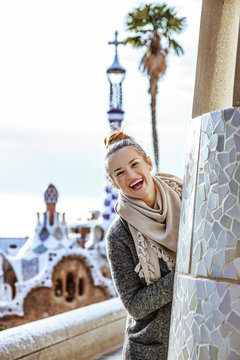 traveller woman in Barcelona, Spain in winter having fun time