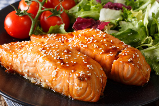 Glazed Salmon Fillet With Sesame Close-up. Horizontal