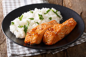 Fried salmon in a honey-soy glaze and rice close-up. horizontal