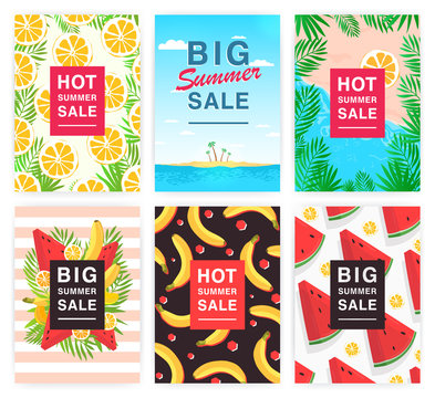 Hot, big summer sale flyer set. Collection advertising colorful vertical poster with fruits and palm leaves.
