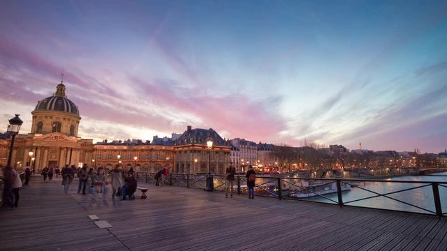 paris sunset sky institute of france bridge of arts panorama 4k time lapse france
